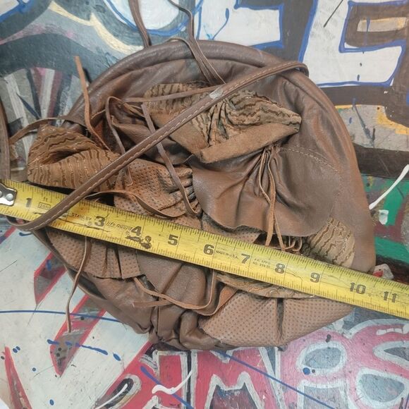 Brown Leather Ruffle Handbag Boho Chic Floral Accent Purse, Vintage-inspired - Picture 12 of 12